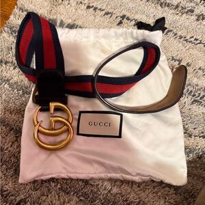 Gucci Women's Belt with Red and Navy Stripes and Gold Buckle